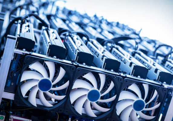 Big IT machine with fans. Cryptocurrency business. Bitcoin mining farm