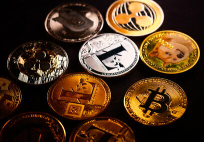 A close up studio shot of cryptocurrencies