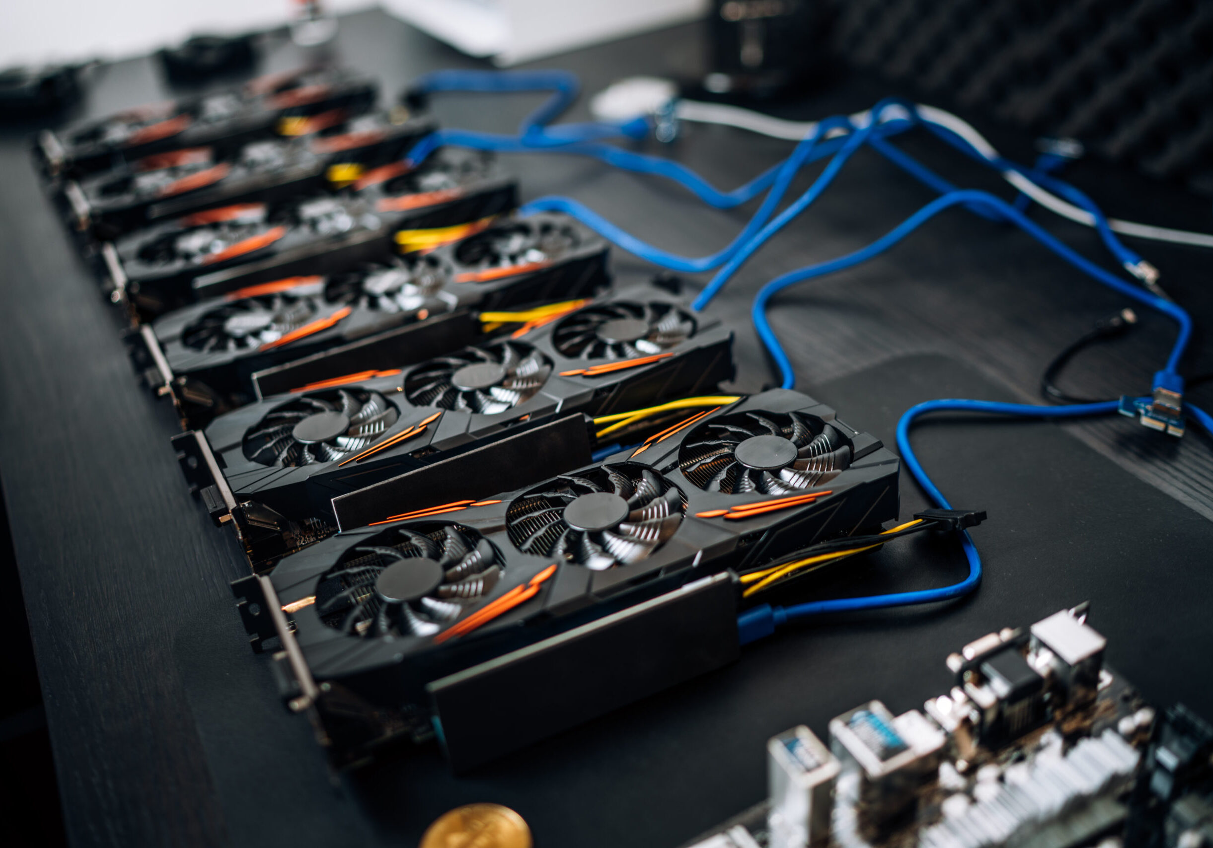 Gpu cards preparing to mine cryptocurrency, devices on mining rig. bitcoin.